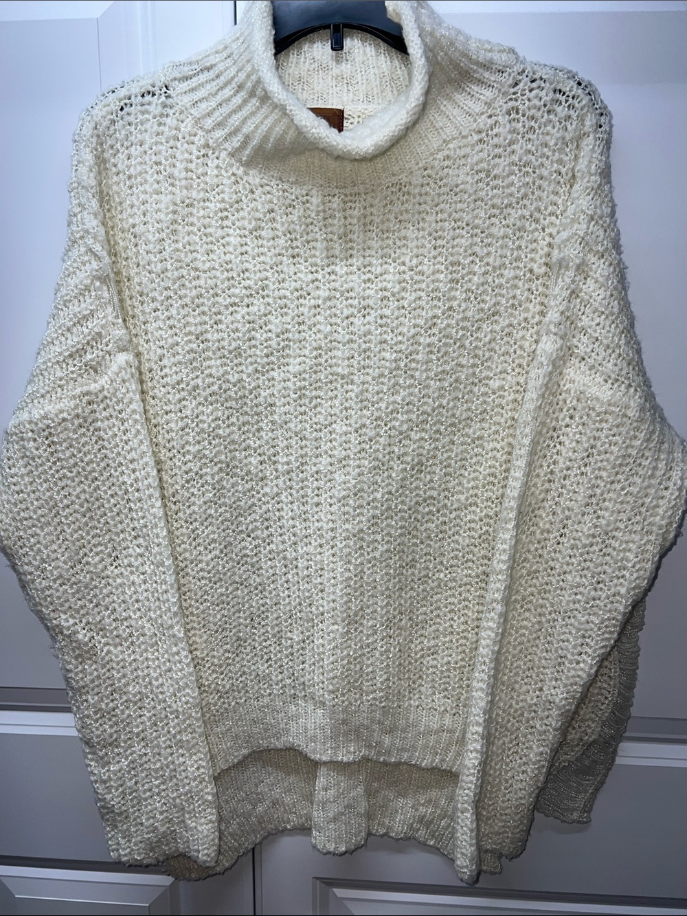 POL Cream Loose Open Knit Mock Neck High Low Distressed Sweater Size S